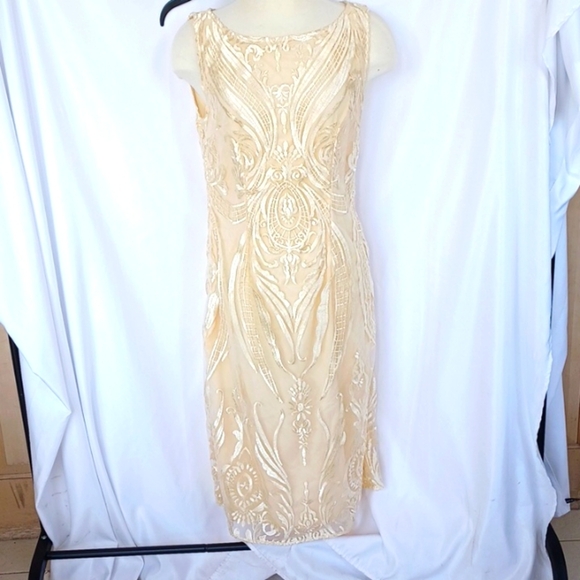 Shall We Cream Embroidered Overlay Cocktail/PartyWedding Dress, 18" PTP, 43" L - Picture 1 of 6